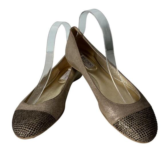 Jimmy Choo Crystal Embellished Cap Toe Ballet Flats Champagne Size 38.5 (8.5) - Picture 1 of 10
